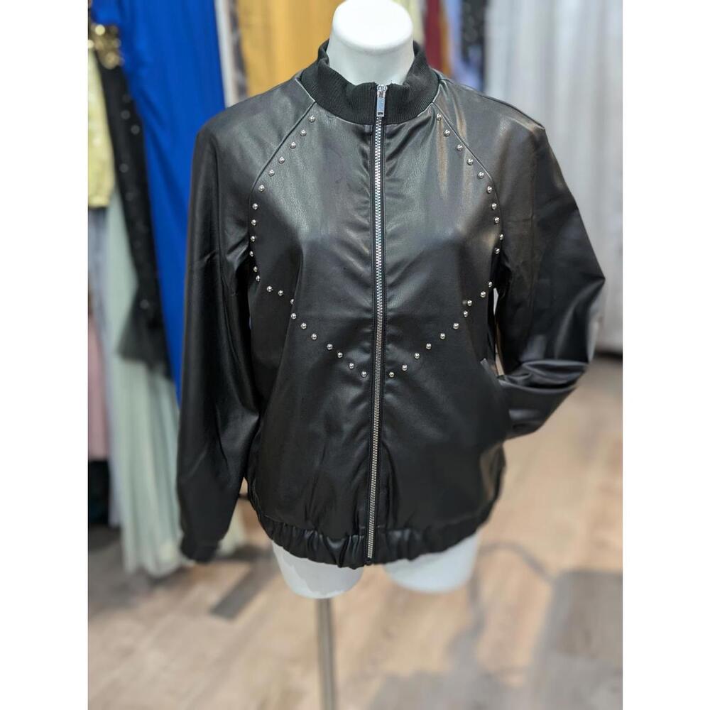 Studded Faux Leather Bomber Jacket